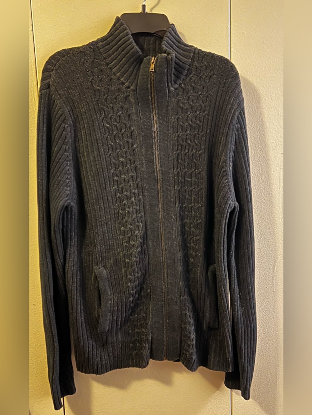 Men's Zip-Up Cable Knit Sweater - Black by Calvin Klein (Size XL)